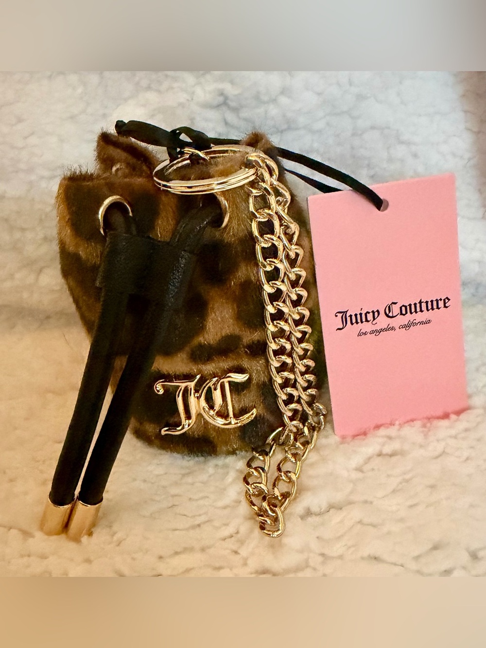 Juicy Couture Brown Leopard Faux Fur Mini Bucket Bag Charm with Gold Chain